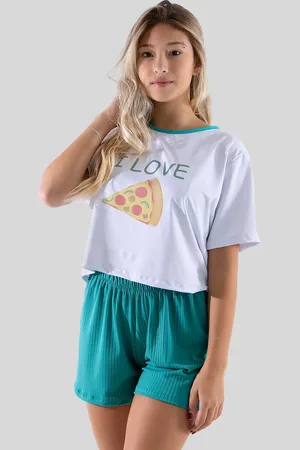 Linha Noite Pijama Feminino Curto Baby Doll Short Ribana + Cropped Soltinho Malha Estampado