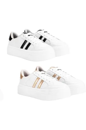 Estilo Shoes Kit 2 Tenis Feminino Sapatenis Sola Alta Listras Preto+Dourado Casual Original