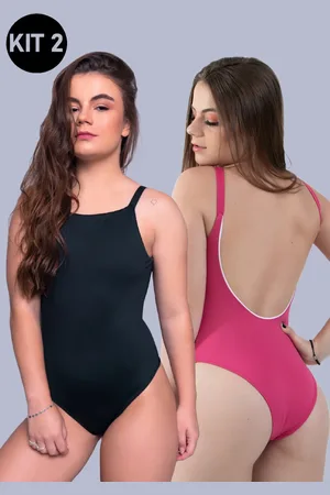 4 Estações Kit 2 Maiôs Body Cavado Liso Decote Moda Praia Verão Forrado Preto/Rosa