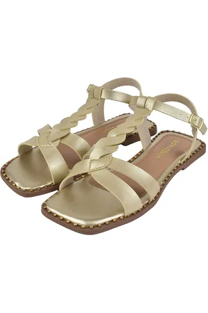 monté Sandália Rasteira Feminina Bico Quadrado Donatella Shoes Rasteirinha Rebite Trança Napa Ouro Light