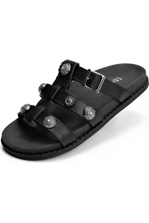 Lumiss Sandália Feminina Papete Chinelo Confortável Fivela Tachas