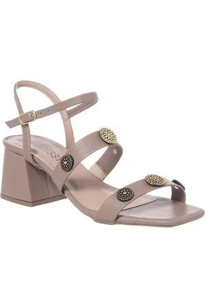 Stessy Shoes Sandália Feminina Salto Baixo Grosso Bloco Tiras Enfeite ABS Capuccino