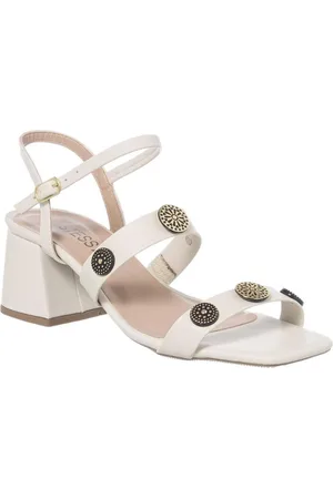 Stessy Shoes Sandália Feminina Salto Baixo Grosso Bloco Tiras Enfeite ABS Off White