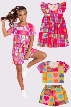 Molekada Infantil - Kit 5 peças verão menina 2 conjuntos e 1 vestido corações