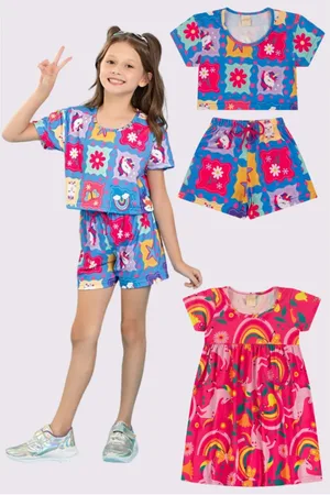 Molekada Infantil - Kit 5 peças verão menina 2 conjuntos e 1 vestido unicórnios