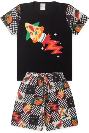 Molekada Pijama Verão Menino Camiseta e Bermuda Foguete Pizza