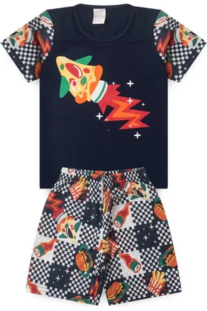 Molekada Pijama Verão Menino Marinho Camiseta e Bermuda Foguete Pizza