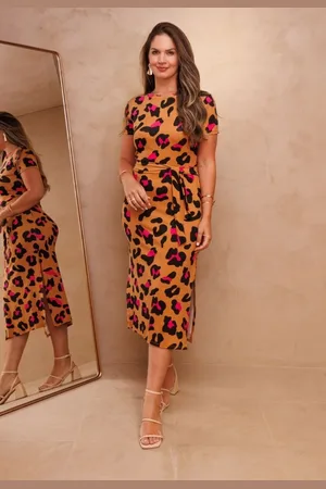 Cia do Vestido Vestido Midi Manguinha Com Cinto Giany Animal Print