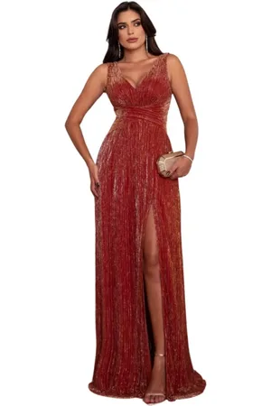 Cia do Vestido Vestido Longo de Festa Madrinhas Frente Única Abertura Lateral com Fenda Elegante Luarali Terracota