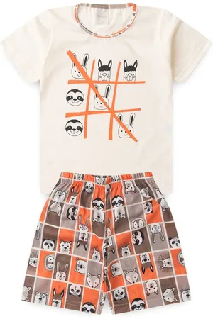 Molekada Pijama Verão Menino Natural Camiseta e Bermuda Jogo dos Bichos