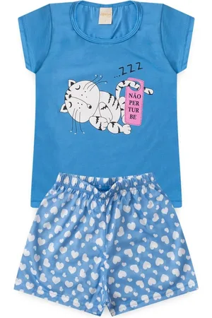 Molekada Pijama Verão Menina Horizonte Blusa e Shorts Gatinho Sonolento