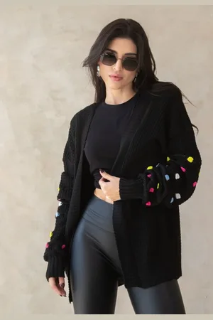 Cia do Vestido Cardigã Tricot Manga Longa Bufante Bolinhas Inverno Andorra