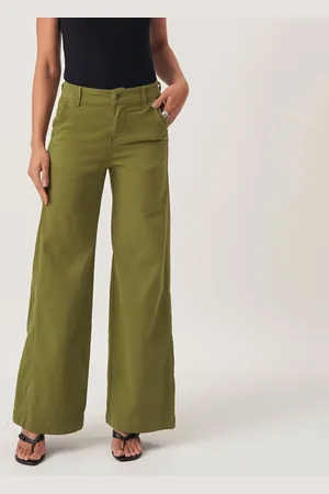 Bloom Calça Jeans Color Wide Leg Cintura Alta Elástico Cós Oliva