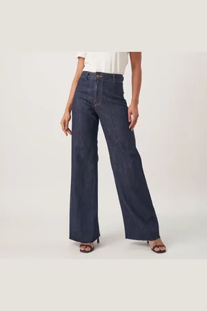 Bloom Calça Jeans Wide Leg Cintura Alta Sem Costura Lateral Azul Escuro