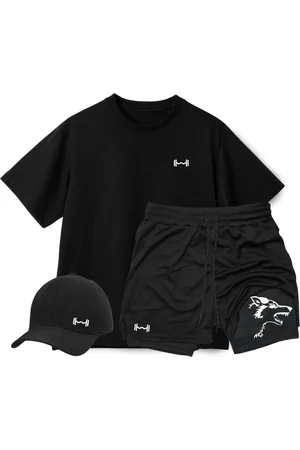 Relaxado Conjunto Camiseta Oversized,Short Térmico e Boné Aba Curva Peso Lobo Masculino