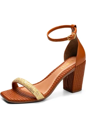 Lumiss Sandália Feminina Salto Alto Bloco Confortável Bico Quadrado Strass Tramado