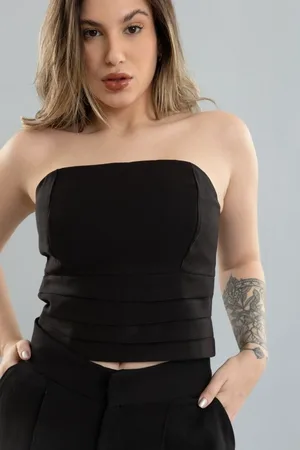 Dialogo Jeans Top Cropped Feminino com Franja e sem Alças Dialogo