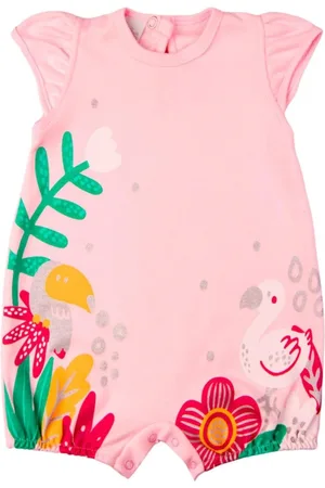 Ano Zero Infantil - Macacão Menina Verão Sem Mangas Suedine Silk Screen Tucano e Flamingo