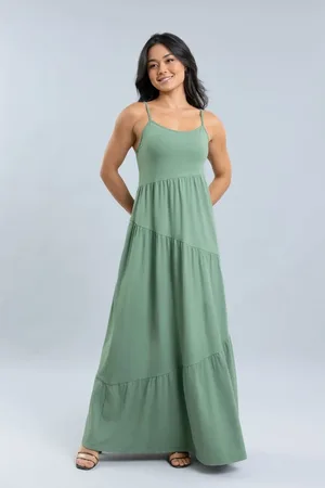 Dialogo Jeans Vestido Longo Três Marias em Viscose com Alças Feminino Dialogo