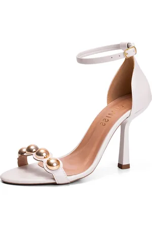 Lumiss Sandália Feminina Salto Alto Fino Tachas Fivela Blogueira Off White