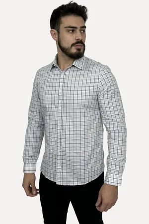 Calvin Klein Camisa Masculina Slim Fine Check Xadrez Branca