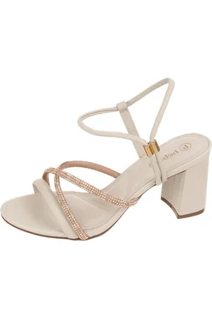 Santa Rosa Sandália Feminina Salto Bloco Grosso Off White Brilho Clarinha