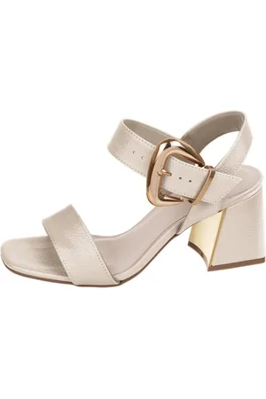 Santa Rosa Sandália Feminina Salto Bloco Médio Off White Fivela Dourada Salto Dourado