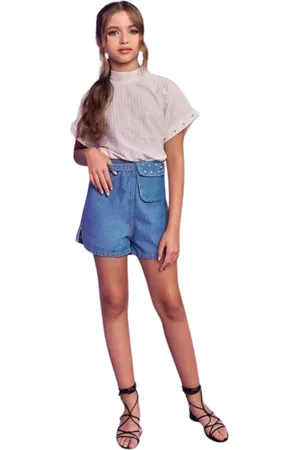 Lilimoon Infantil - Conjunto Blusa Boxy Over em Malha e Shorts Jeans Off White