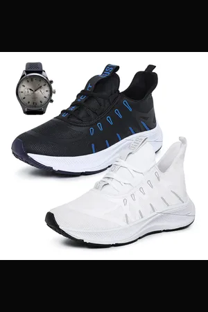 OUSY SHOES Kit 2 Pares Tênis Esportivo Masculino Feminino Original Para Treino Leve Branco e Preto com Azul Mais Relógio