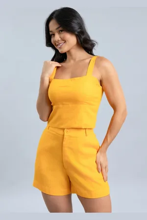 Dialogo Jeans Blusa Cropped em Linho Feminina com Alças Dialogo