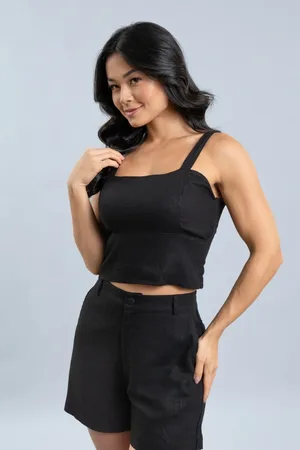 Dialogo Jeans Blusa Cropped em Linho Feminina com Alças Dialogo