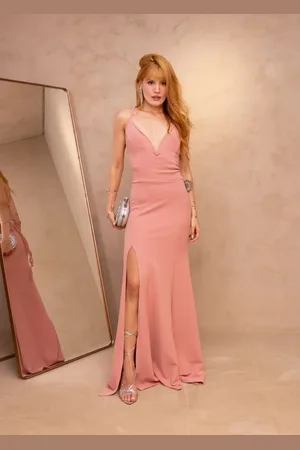Cia do Vestido Vestido Longo de Festa Alcinha Decotado Tubinho Sereia com Fenda Piné Rose