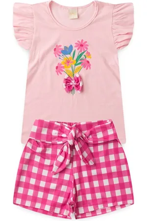 Molekada Infantil - Conjunto Verão Menina Blusa e Shorts com Faixa Sobreposta Flores do Jardim