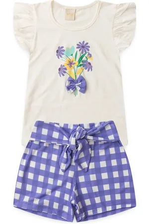 Molekada Infantil - Conjunto Verão Menina Natural Blusa e Shorts com Faixa Sobreposta Flores do Jardim