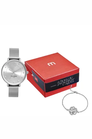 Mondaine Kit Relógio Feminino Malha de Aço com Pulseira Flor