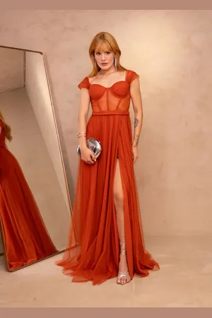 Cia do Vestido Vestido Longo de Festa Madrinhas Corselet com Fenda Micro Tule Maceni Terracota