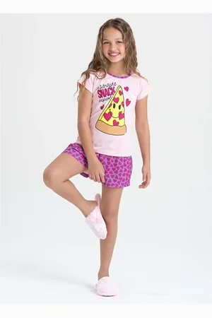 Molekada Pijama Verão Menina Rosa Blusa e Shorts Pizza Night Brilha no Escuro