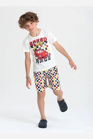 Molekada Pijama Verão Menino Natural Camiseta e Bermuda Carro de Corrida
