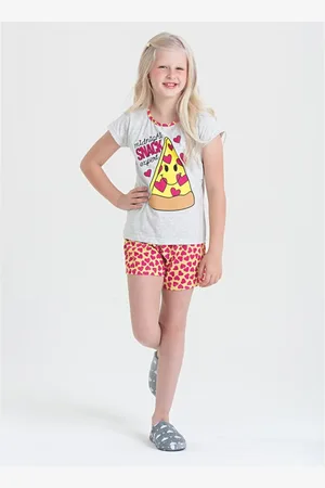 Molekada Pijama Verão Menina Mescla Blusa e Shorts Pizza Night Brilha no Escuro