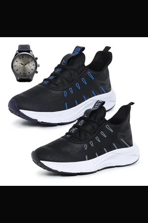 OUSY SHOES 2 Pares Tênis Esportivo Masculino Feminino Macio Confortável Preto com Azul e Preto Mais Relógio Combo Promocional