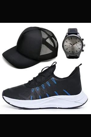 OUSY SHOES Tênis Esportivo Masculino Feminino Para Academia Preto com Azul Mais Boné e Relógio de Brinde