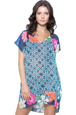 101 Resort Wear Túnica Saida Crepe Estampado EXCLUSIVO Barrado Grafico Azul