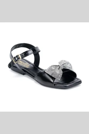 Menina Fashion Infantil - Rasteira Preta Bico Quadrado Laço De Strass