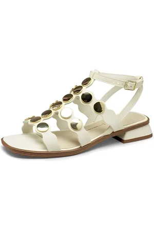 Santa Rosa Sandália Feminina Off White Tchas Dourada Saltinho Baixo Grosso