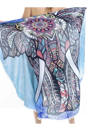 101 Resort Wear Canga Redonda Pompons Cetim Estampado EXCLUSIVO Elefante Indiano