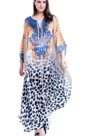 101 Resort Wear Vestido Kaftan Longo Cetim Estampado EXCLUSIVO Animal Print Laranja Azul