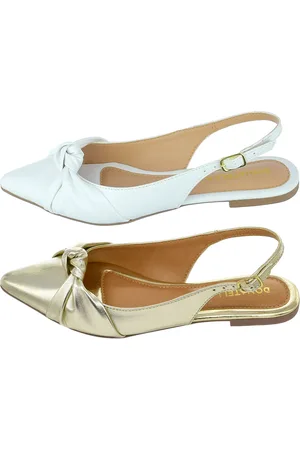 monté Kit 2 Pares Sapatilha Feminina Bico Fino Mule Slingback CM Calçados Nó Ouro Light e Branco