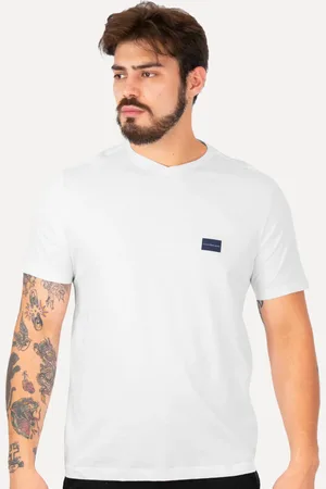 Calvin Klein Camiseta Jeans Masculina Gola V Dark Square Navy Branca