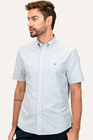 Tommy Hilfiger Camisa Masculina Manga Curta Regular Oxford Stripes Mescla