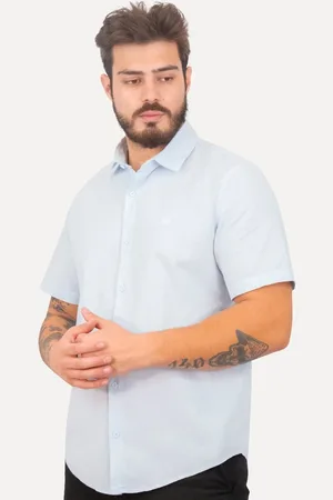 John John Camisa Masculina Regular Manga Curta Marc Linen Blend Claro